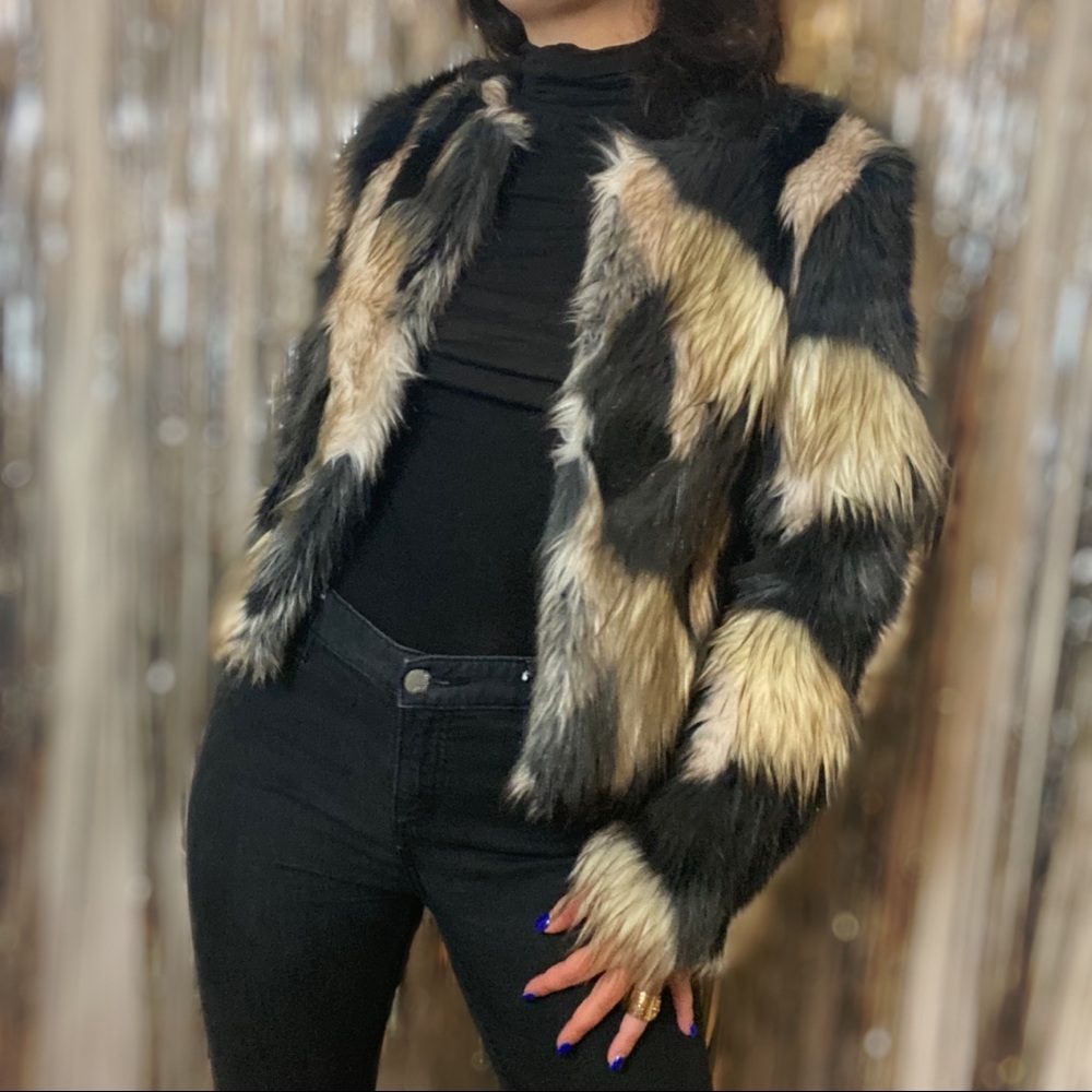 Multi Color Mosiac Faux Fur Coat